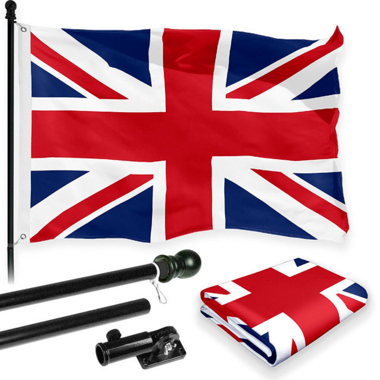G128 Combo Pack: 6 Feet Tangle Free Spinning Flagpole (Black) UK United Kingdom Flag 3x5 ft Printed 150D Brass Grommets (Flag Included) Aluminum Flag Pole